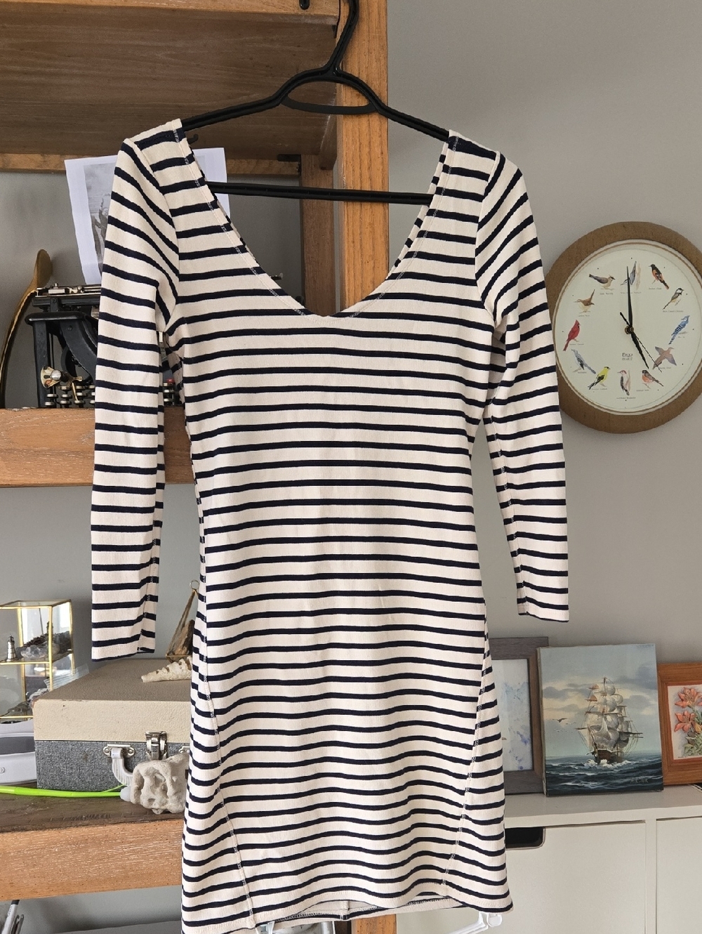 Abercrombie & Fitch Navy and Cream Striped V- Neck Dress